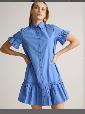 Quince Organic Cotton Poplin Ruffle Shirt Dress, NWT, M